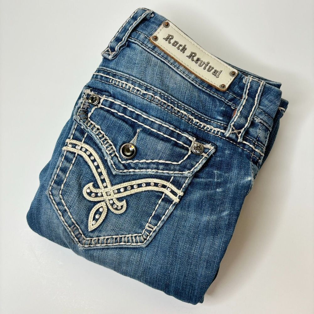 Rock Revival Jeans Size 27 Med Wash Jill Bootcut Low-Rise Destressed Embellished